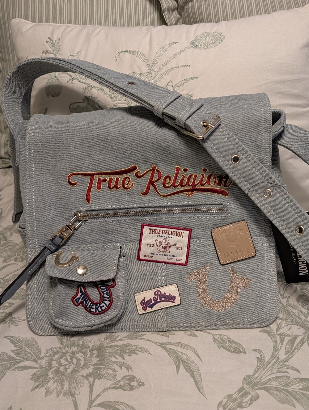 True Religion Denim Crossbody Messenger Bag Embroidered Logo & Logo Patches NWT